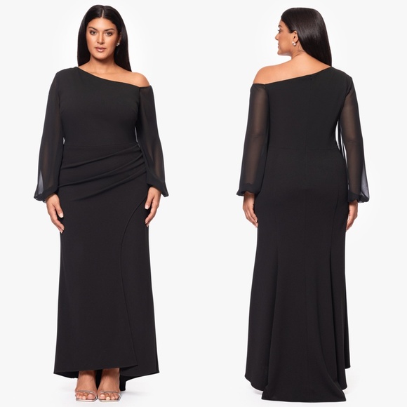 NEW Betsy & Adam BLACK Plus Size DONNA Off The Shoulder ILLUSION SLEEVE GOWN 20W - Picture 1 of 13
